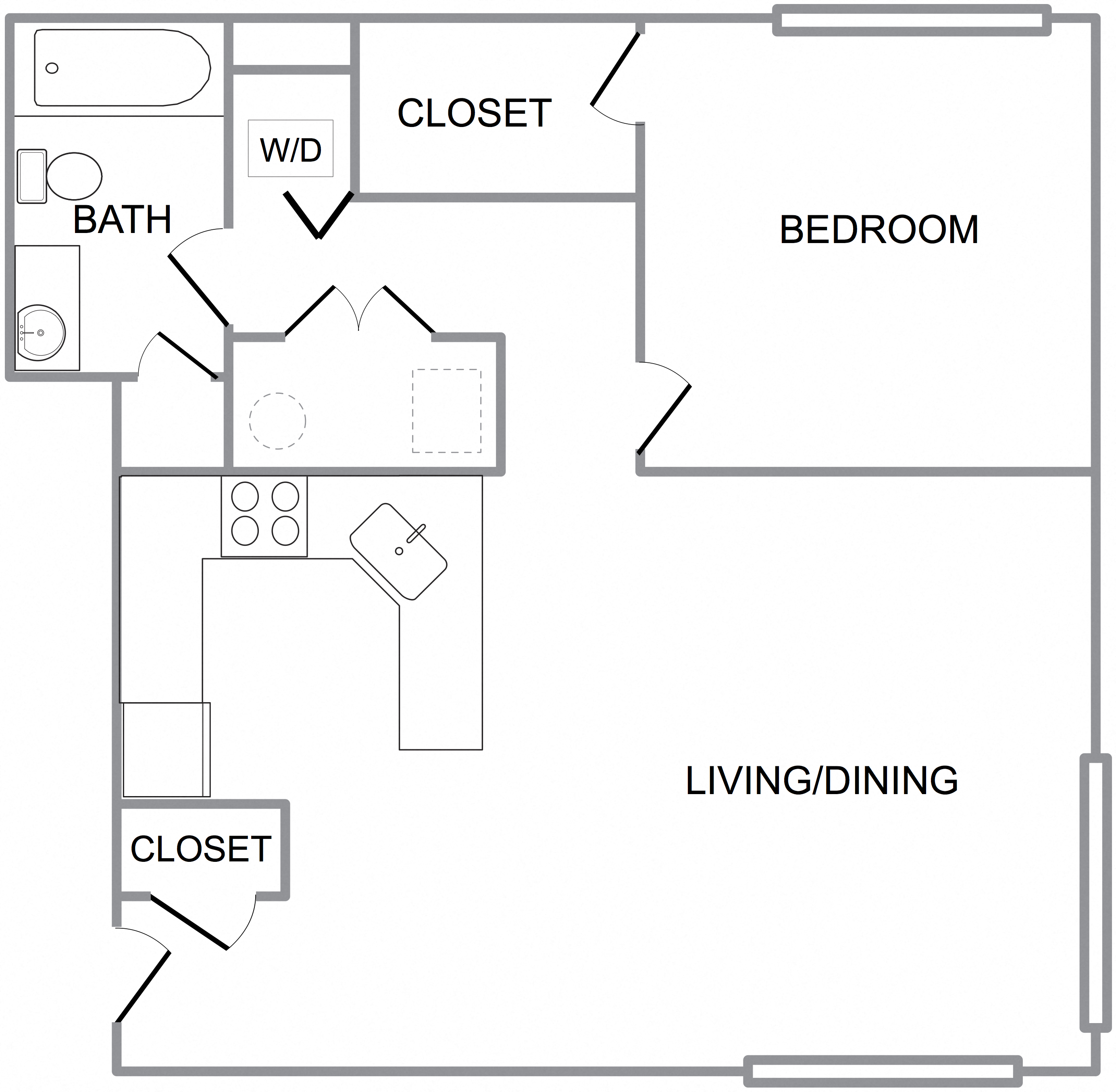 Floor plan for 1 bed, 1 bath, 750 sqft